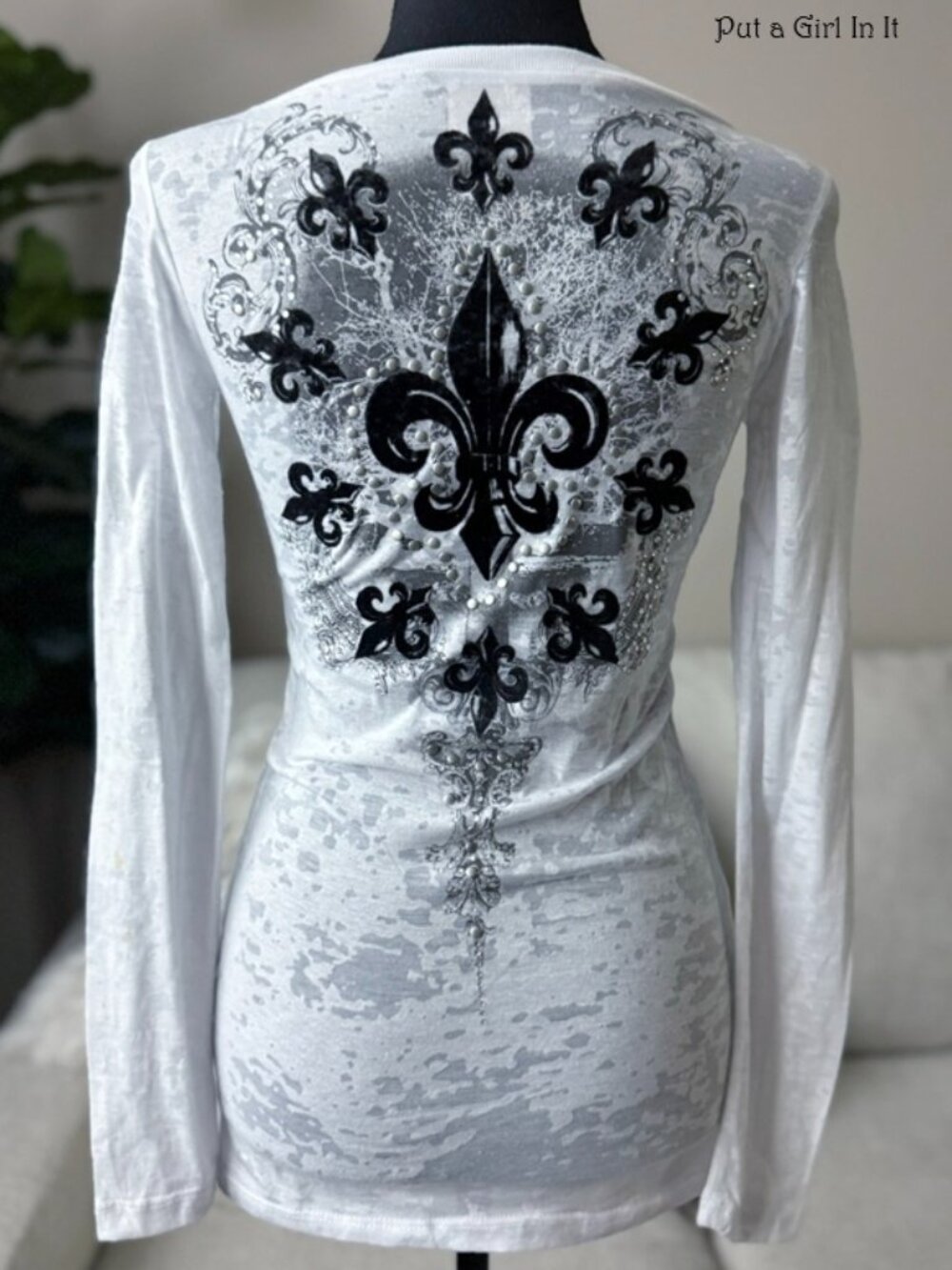 Vocal Apparel Women's Crystal Studded White Fleur de Lis Burnout Shirt Small S